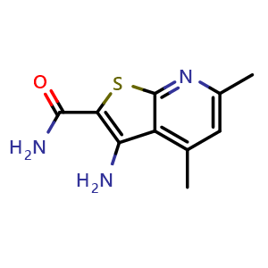 Chemical structure of 3-Amino-4,6-dimethylthieno[2,3-b]pyridine-2-carboxamide , CAS 67795-42-0, AChemBlock AD280593