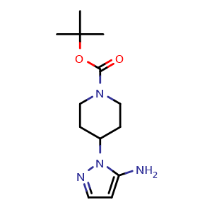 Chemical structure of 4-(5-Amino-pyrazol-1-yl)-piperidine-1-carboxylic acid tert-butyl ester , CAS 872999-07-0, AChemBlock AD280636