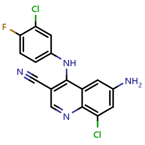 Chemical structure of 6-Amino-8-chloro-4-[(3-chloro-4-fluorophenyl)amino]-3-quinolinecarbonitrile , CAS 915364-18-0, AChemBlock AD280638