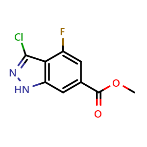 Chemical structure of 3-Chloro-4-fluoro-6 indazolecarboxylic acid methyl ester , CAS 885521-38-0, AChemBlock AD280647