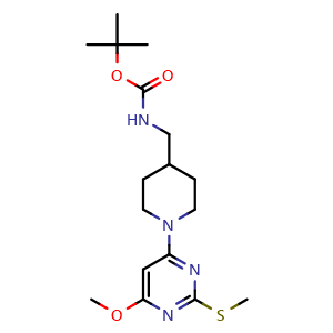 Chemical structure of tert-Butyl ((1-(6-methoxy-2-(methylthio)pyrimidin-4-yl)piperidin-4-yl)methyl)carbamate , CAS 1353958-76-5, AChemBlock AD280684