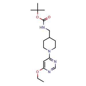 Chemical structure of tert-Butyl ((1-(6-ethoxypyrimidin-4-yl)piperidin-4-yl)methyl)carbamate , CAS 1353966-62-7, AChemBlock AD280685