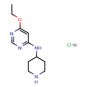 Chemical structure of 6-Ethoxy-N-(piperidin-4-yl)pyrimidin-4-amine hydrochloride , CAS 1353984-91-4, AChemBlock AD280686