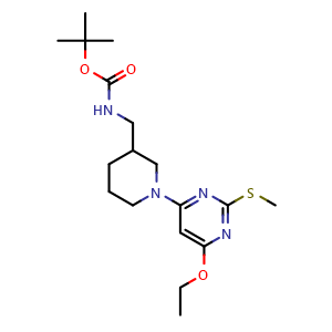 Chemical structure of tert-Butyl ((1-(6-ethoxy-2-(methylthio)pyrimidin-4-yl)piperidin-3-yl)methyl)carbamate , CAS 1353987-52-6, AChemBlock AD280688