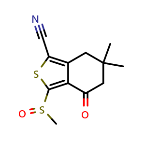 Chemical structure of Benzo[c]thiophene-1-carbonitrile,4,5,6,7-tetrahydro-6,6-dimethyl-3-(methylsulfinyl)-4-oxo- , CAS 186371-17-5, AChemBlock AD280706
