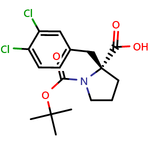 Chemical structure of (R)-1-(tert-Butoxycarbonyl)-2-(3,4-dichlorobenzyl)pyrrolidine-2-carboxylic acid , CAS 959578-28-0, AChemBlock AD280747