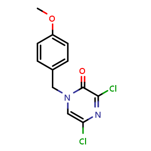 Chemical structure of 3,5-Dichloro-1-[(4-methoxyphenyl)methyl]-1,2-dihydropyrazin-2-one , CAS 393860-82-7, AChemBlock AD280759