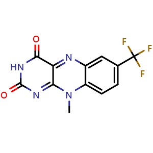 Chemical structure of 10-Methyl-7-(trifluoromethyl)benzo[g]pteridine-2,4(3H,10H)-dione , CAS 893772-67-3, AChemBlock AD280774