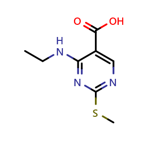 Chemical structure of 4-(Ethylamino)-2-(methylthio)-5-Pyrimidinecarboxylic acid , CAS 1089724-08-2, AChemBlock AD280806
