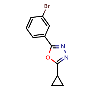 Chemical structure of 2-(3-Bromophenyl)-5-cyclopropyl-1,3,4-oxadiazole , CAS 39959-43-8, AChemBlock AD280837