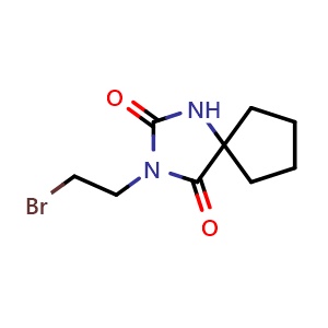Chemical structure of 3-(2-Bromoethyl)-1,3-diazaspiro[4.4]nonane-2,4-dione , CAS 150259-29-3, AChemBlock AD280838