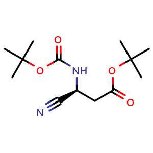 Chemical structure of tert-Butyl (3S)-3-{[(tert-butoxy)carbonyl]amino}-3-cyanopropanoate , CAS 1198320-35-2, AChemBlock AD280843