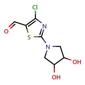Chemical structure of 4-Chloro-2-(3,4-dihydroxypyrrolidin-1-yl)-1,3-thiazole-5-carbaldehyde , CAS 1697332-87-8, AChemBlock AD280891