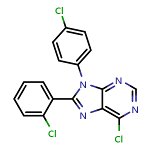 Chemical structure of 6-Chloro-8-(2-chlorophenyl)-9-(4-chlorophenyl)purine , CAS 686344-50-3, AChemBlock AD280898
