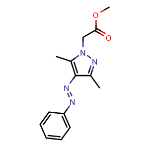 Chemical structure of Methyl (E)-2-(3,5-dimethyl-4-(phenyldiazenyl)-1H-pyrazol-1-yl)acetate , CAS 1883739-29-4, AChemBlock AD280901