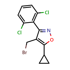 Chemical structure of 4-(Bromomethyl)-5-cyclopropyl-3-(2,6-dichlorophenyl)isoxazole , CAS 946426-94-4, AChemBlock AD280904