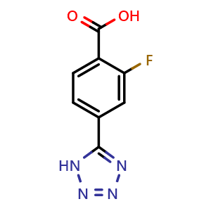 Chemical structure of 2-Fluoro-4-(1H-tetrazol-5-yl)benzoic acid , CAS 1281983-77-4, AChemBlock AD280924