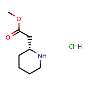 Chemical structure of Methyl (R)-2-(piperidin-2-yl)acetate hydrochloride , CAS 144239-68-9, AChemBlock AD280948