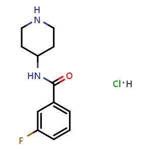 Chemical structure of 3-Fluoro-N-(piperidine-4-yl)benzamide hydrochloride , CAS 1233955-48-0, AChemBlock AD280955