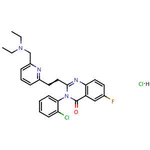 Chemical structure of 3-(2-Chlorophenyl)-2-[2-[6-[(diethylamino)methyl]-2-pyridinyl]ethenyl]-6-fluoro-4(3H)-quinazolinone hydrochloride , CAS 1785666-59-2, AChemBlock AD280974