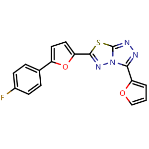 Chemical structure of 6-[5-(4-Fluorophenyl)furan-2-yl]-3-(furan-2-yl)-[1,2,4]triazolo[3,4-b][1,3,4]thiadiazole , CAS 720672-18-4, AChemBlock AD281033