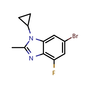 Chemical structure of 6-Bromo-1-cyclopropyl-4-fluoro-2-methyl-1H-benzimidazole , CAS 1231930-34-9, AChemBlock AD281040