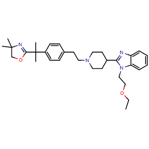 Chemical structure of 1H-Benzimidazole, 2-[1-[2-[4-[1-(4,5-dihydro-4,4-dimethyl-2-oxazolyl)-1-methylethyl]phenyl]ethyl]-4-piperidinyl]-1-(2-ethoxyethyl) , CAS 202189-77-3, AChemBlock AD281041