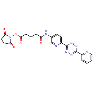 Chemical structure of 2,5-Dioxopyrrolidin-1-yl 5-oxo-5-((6-(6-(pyridin-2-yl)-1,2,4,5-tetrazin-3-yl)pyridin-3-yl)amino)pentanoate , CAS 1334209-39-0, AChemBlock AD281065