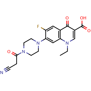 Chemical structure of 7-[4-(2-Cyanoacetyl)-1-piperazinyl]-1-ethyl-6-fluoro-1,4-dihydro-4-oxo-3-quinolinecarboxylic acid , CAS 2379995-76-1, AChemBlock AD281076