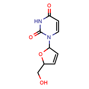 Chemical structure of 1-(5-(Hydroxymethyl)-2,5-dihydrofuran-2-yl)pyrimidine-2,4(1H,3H)-dione , CAS 6195-70-6, AChemBlock AD281078