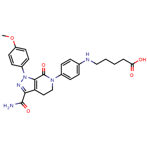 Chemical structure of 5-((4-(3-Carbamoyl-1-(4-methoxyphenyl)-7-oxo-4,5-dihydro-1H-pyrazolo[3,4-c]pyridin-6(7H)-yl)phenyl)amino)pentanoic acid , CAS 2206825-87-6, AChemBlock AD281098