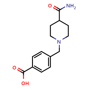 Chemical structure of 4-((4-Carbamoylpiperidin-1-yl)methyl)benzoic acid , CAS 938143-02-3, AChemBlock AD281099