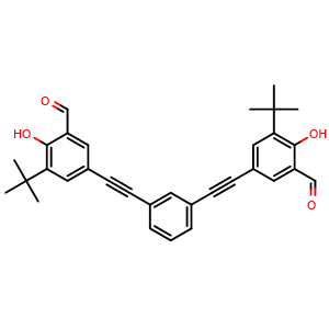 Chemical structure of 5,5'-(1,3-Phenylenebis(ethyne-2,1-diyl))bis(3-(tert-butyl)-2-hydroxybenzaldehyde) , CAS 943407-01-0, AChemBlock AD281106