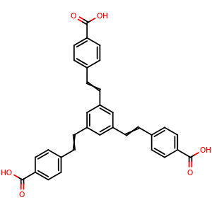 Chemical structure of 4,4',4''-(benzene-1,3,5-triyltris(ethene-2,1-diyl))tribenzoic acid , CAS 2265870-17-3, AChemBlock AD281113