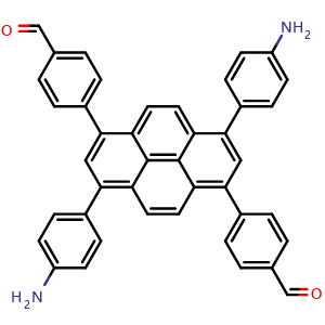 Chemical structure of 4,4'-(3,8-Bis(4-aminophenyl)pyrene-1,6-diyl)dibenzaldehyde , CAS 2375652-84-7, AChemBlock AD281119