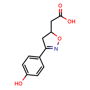 Chemical structure of 2-(3-(4-Hydroxyphenyl)-4,5-dihydroisoxazol-5-yl)acetic acid , CAS 941674-32-4, AChemBlock AD281156