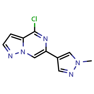 Chemical structure of 4-Chloro-6-(1-methyl-1H-pyrazol-4-yl)pyrazolo[1,5-a]pyrazine , CAS 1940180-18-6, AChemBlock AD281166