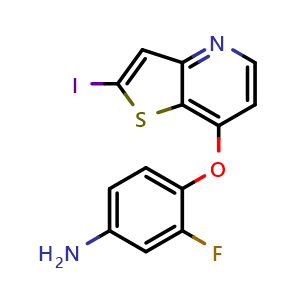 Chemical structure of 3-Fluoro-4-((2-iodothieno[3,2-b]pyridin-7-yl)oxy)aniline , CAS 918643-41-1, AChemBlock AD281188