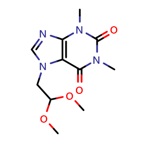 Chemical structure of 7-(2,2-Dimethoxyethyl)-3,7-dihydro-1,3-dimethyl-1H-purine-2,6-dione , CAS 1429636-72-5, AChemBlock AD281191