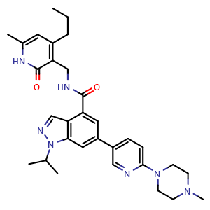 Chemical structure of N-[(1,2-Dihydro-6-methyl-2-oxo-4-propyl-3-pyridinyl)methyl]-1-(1-methylethyl)-6-[6-(4-methyl-1-piperazinyl)-3-pyridinyl]-1H-indazole-4-carboxamide , CAS 1346702-80-4, AChemBlock AD281196