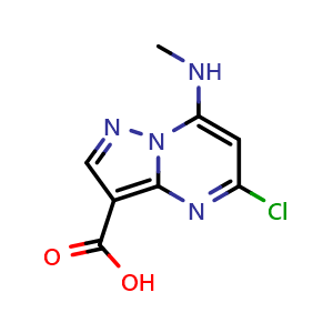 Chemical structure of 5-Chloro-7-(methylamino)pyrazolo[1,5-a]pyrimidine-3-carboxylic acid , CAS 2469042-39-3, AChemBlock AD281206