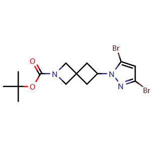 Chemical structure of tert-Butyl 6-(3,5-dibromo-1H-pyrazol-1-yl)-2-azaspiro[3.3]heptane-2-carboxylate , CAS 2653202-12-9, AChemBlock AD281223