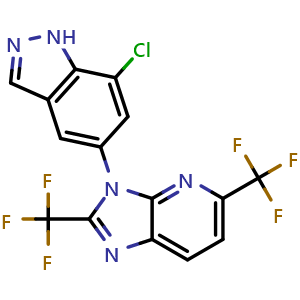 Chemical structure of 3-(7-Chloro-1H-indazol-5-yl)-2,5-bis(trifluoromethyl)-3H-imidazo[4,5-b]pyridine , CAS 2034182-75-5, AChemBlock AD281226