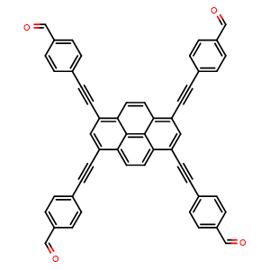 Chemical structure of 4,4',4'',4'''-(Pyrene-1,3,6,8-tetrayltetrakis(ethyne-2,1-diyl))tetrabenzaldehyde , CAS 2438216-59-0, AChemBlock AD281232