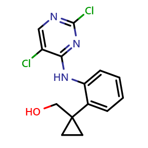 Chemical structure of (1-(2-((2,5-Dichloropyrimidin-4-yl)amino)phenyl)cyclopropyl)methanol , CAS 2061979-48-2, AChemBlock AD281242