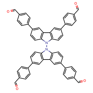 Chemical structure of 4,4',4'',4'''-([9,9'-Bicarbazole]-3,3',6,6'-tetrayl)tetrabenzaldehyde , CAS 2446214-54-4, AChemBlock AD281276