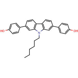 Chemical structure of 4,4'-(9-Hexyl-9H-carbazole-2,7-diyl)diphenol , CAS 2757730-56-4, AChemBlock AD281278