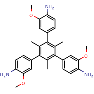 Chemical structure of 5'-(4-Amino-3-methoxyphenyl)-3,3''-dimethoxy-2',4',6'-trimethyl-[1,1':3',1''-terphenyl]-4,4''-diamine , CAS 2757730-55-3, AChemBlock AD281286