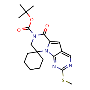 Chemical structure of Spiro[cyclohexane-1,9'(6'H)-pyrazino[1',2':1,5]pyrrolo[2,3-d]pyrimidine]-7'(8'H)-carboxylic acid, 2'-(methylthio)-6'-oxo-, 1,1-dimethylethyl ester , CAS 2170746-99-1, AChemBlock AD281325