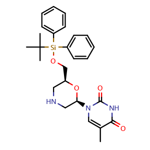 Chemical structure of 1-((2R,6S)-6-(((tert-Butyldiphenylsilyl)oxy)methyl)morpholin-2-yl)-5-methylpyrimidine-2,4(1H,3H)-dione , CAS 1415645-49-6, AChemBlock AD281326